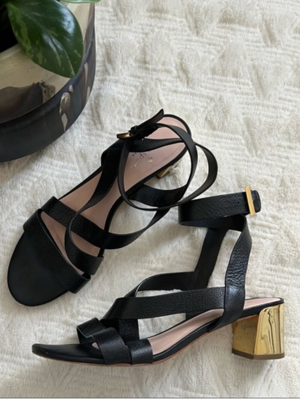 Kate Spade Black Strappy Sandal with Gold Block Heel
